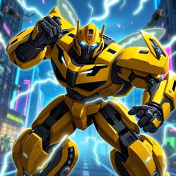 A dynamic scene featuring Bumblebee from Transformers, depicted as a heroic Prime