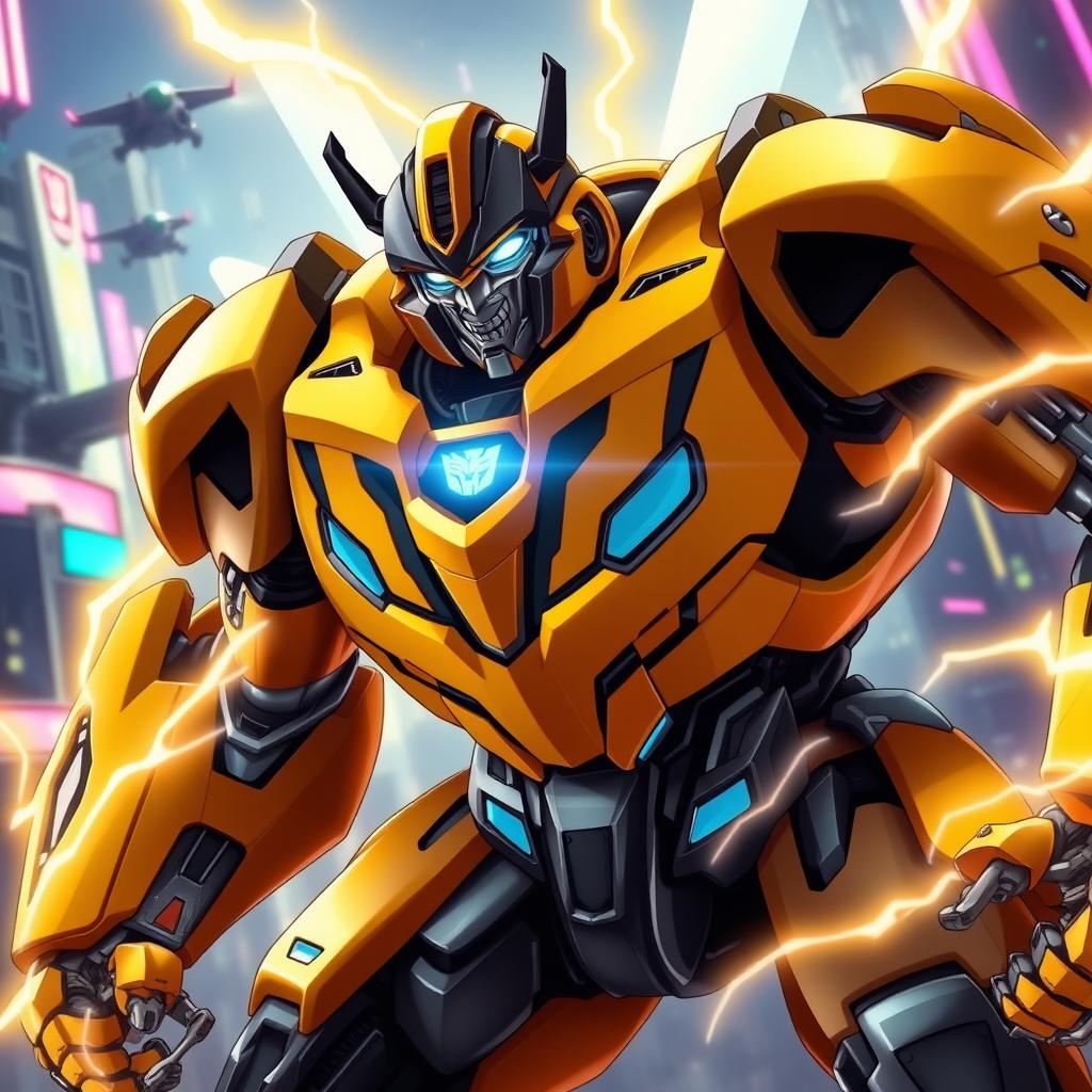 A dynamic scene featuring Bumblebee from Transformers, depicted as a heroic Prime