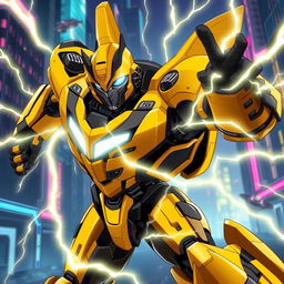 A dynamic scene featuring Bumblebee from Transformers, depicted as a heroic Prime