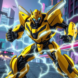 A dynamic scene featuring Bumblebee from Transformers, depicted as a heroic Prime