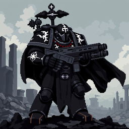 A detailed pixel art image of an Adeptus Astartes in full body profile, belonging to the Black Templars chapter from Warhammer 40,000