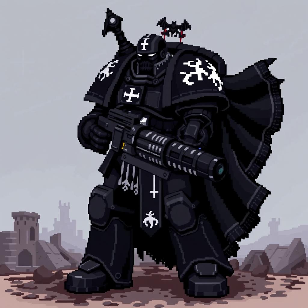 A detailed pixel art image of an Adeptus Astartes in full body profile, belonging to the Black Templars chapter from Warhammer 40,000