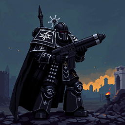 A detailed pixel art image of an Adeptus Astartes in full body profile, belonging to the Black Templars chapter from Warhammer 40,000