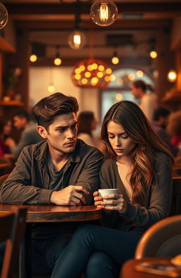 A captivating scene depicting a couple, Aidan and Clara, sitting in a cozy café