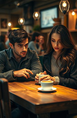 A captivating scene depicting a couple, Aidan and Clara, sitting in a cozy café