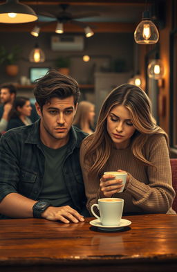 A captivating scene depicting a couple, Aidan and Clara, sitting in a cozy café