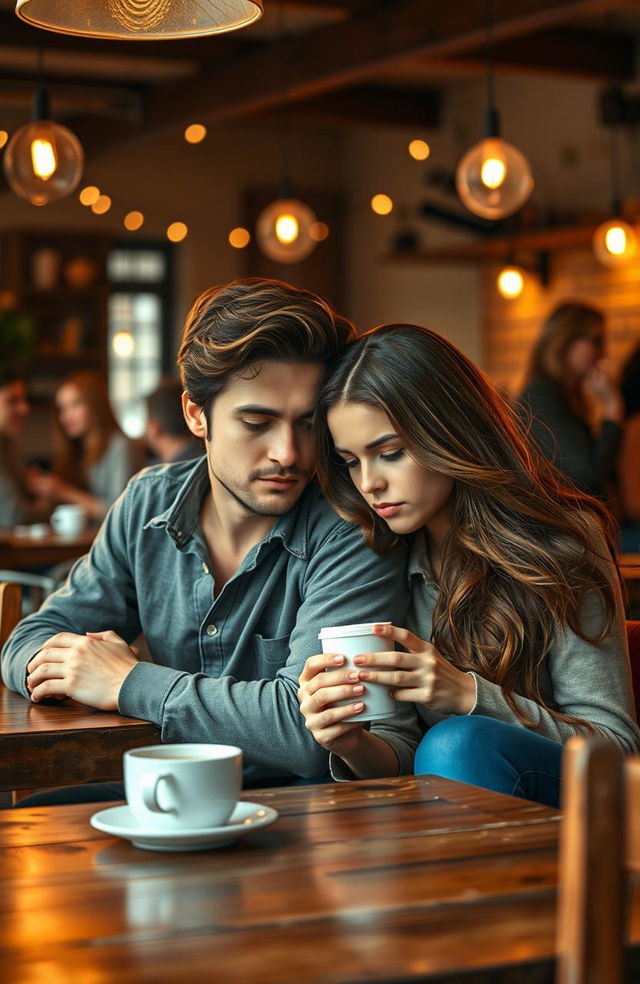 A captivating scene depicting a couple, Aidan and Clara, sitting in a cozy café