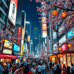 A vibrant and bustling street scene in Roppongi, Tokyo, depicting a mix of modern architecture, neon lights, and traditional Japanese elements
