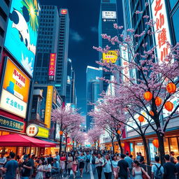 A vibrant and bustling street scene in Roppongi, Tokyo, depicting a mix of modern architecture, neon lights, and traditional Japanese elements