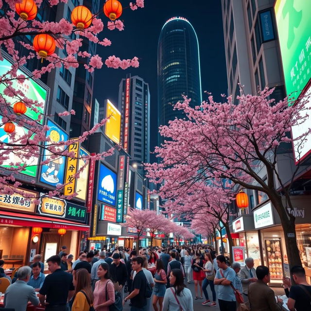 A vibrant and bustling street scene in Roppongi, Tokyo, depicting a mix of modern architecture, neon lights, and traditional Japanese elements