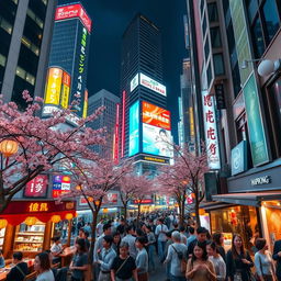 A vibrant and bustling street scene in Roppongi, Tokyo, depicting a mix of modern architecture, neon lights, and traditional Japanese elements