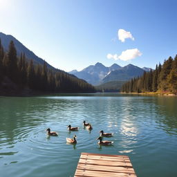 A serene landscape featuring a tranquil lake surrounded by dense pine forests under a clear blue sky