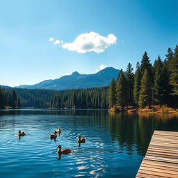 A serene landscape featuring a tranquil lake surrounded by dense pine forests under a clear blue sky