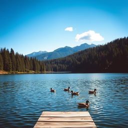 A serene landscape featuring a tranquil lake surrounded by dense pine forests under a clear blue sky