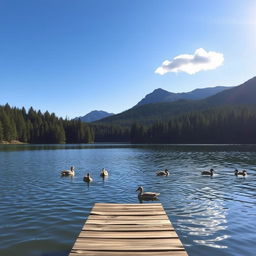 A serene landscape featuring a tranquil lake surrounded by dense pine forests under a clear blue sky