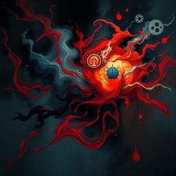 An abstract representation of the power of the human mind, illustrated with a dark and intense atmosphere