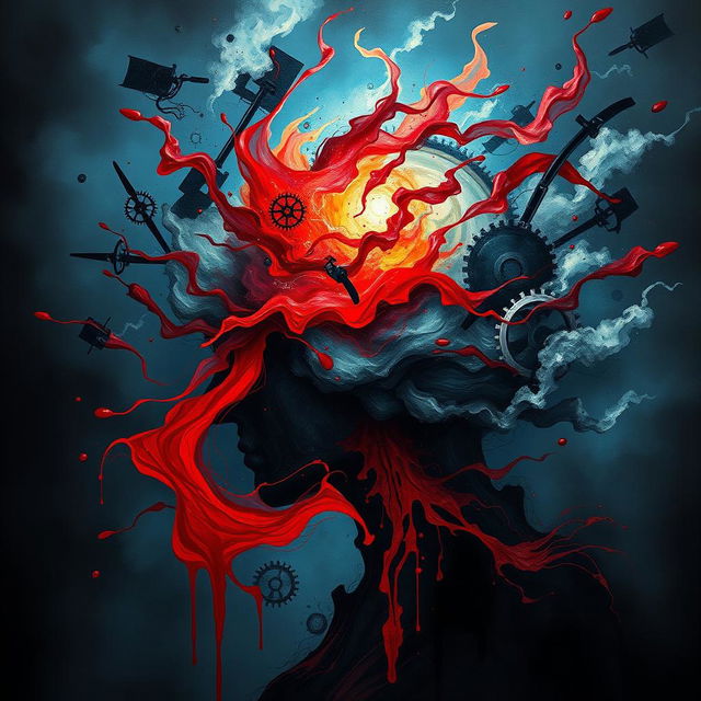 An abstract representation of the power of the human mind, illustrated with a dark and intense atmosphere