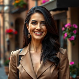 A 39-year-old woman with dark hair and authentic Italian features, dressed elegantly in a chic outfit that embodies sophistication