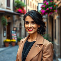 A 39-year-old woman with dark hair and authentic Italian features, dressed elegantly in a chic outfit that embodies sophistication