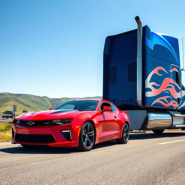 A striking image featuring a Chevrolet Camaro parked beside a massive semi-truck on a picturesque highway