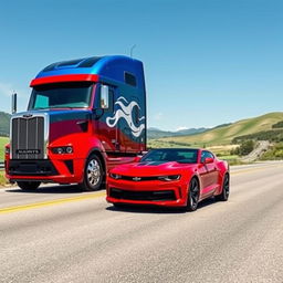 A striking image featuring a Chevrolet Camaro parked beside a massive semi-truck on a picturesque highway