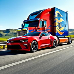 A striking image featuring a Chevrolet Camaro parked beside a massive semi-truck on a picturesque highway