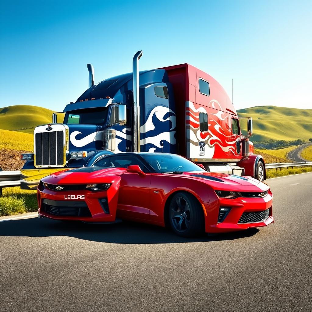 A striking image featuring a Chevrolet Camaro parked beside a massive semi-truck on a picturesque highway