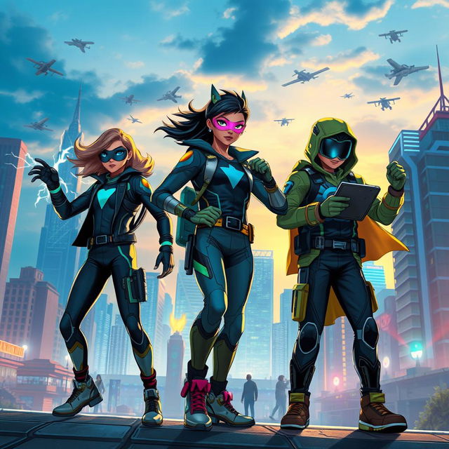 A vibrant action-packed scene featuring a diverse group of teenage heroes in a futuristic city