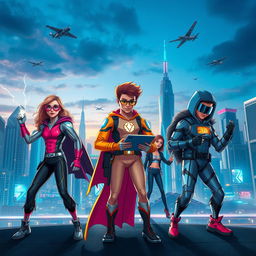 A vibrant action-packed scene featuring a diverse group of teenage heroes in a futuristic city
