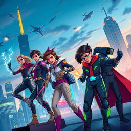 A vibrant action-packed scene featuring a diverse group of teenage heroes in a futuristic city