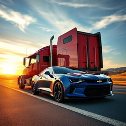 A striking image of a Chevrolet Camaro parked beside an imposing semi-truck on a wide open highway