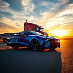 A striking image of a Chevrolet Camaro parked beside an imposing semi-truck on a wide open highway