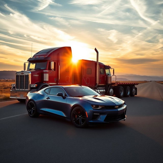 A striking image of a Chevrolet Camaro parked beside an imposing semi-truck on a wide open highway