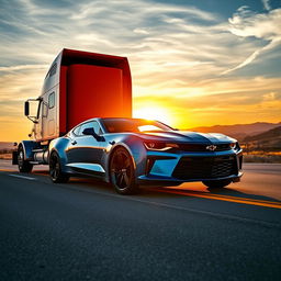 A striking image of a Chevrolet Camaro parked beside an imposing semi-truck on a wide open highway