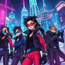 A dynamic and futuristic scene featuring a group of teenage spies equipped with advanced technology, dressed in sleek, hi-tech spy gear