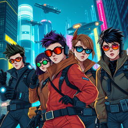 A dynamic and futuristic scene featuring a group of teenage spies equipped with advanced technology, dressed in sleek, hi-tech spy gear