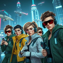 A dynamic and futuristic scene featuring a group of teenage spies equipped with advanced technology, dressed in sleek, hi-tech spy gear