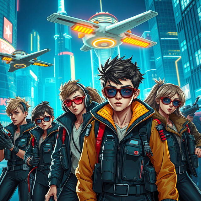 A dynamic and futuristic scene featuring a group of teenage spies equipped with advanced technology, dressed in sleek, hi-tech spy gear