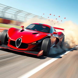 A dynamic scene featuring a red race car named "Raad" with a sleek and stylish design, racing at high speed on a vibrant racing track