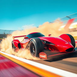 A dynamic scene featuring a red race car named "Raad" with a sleek and stylish design, racing at high speed on a vibrant racing track