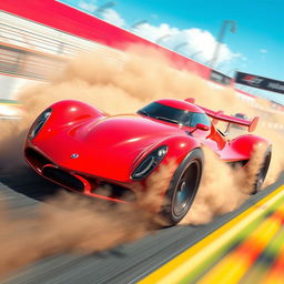 A dynamic scene featuring a red race car named "Raad" with a sleek and stylish design, racing at high speed on a vibrant racing track