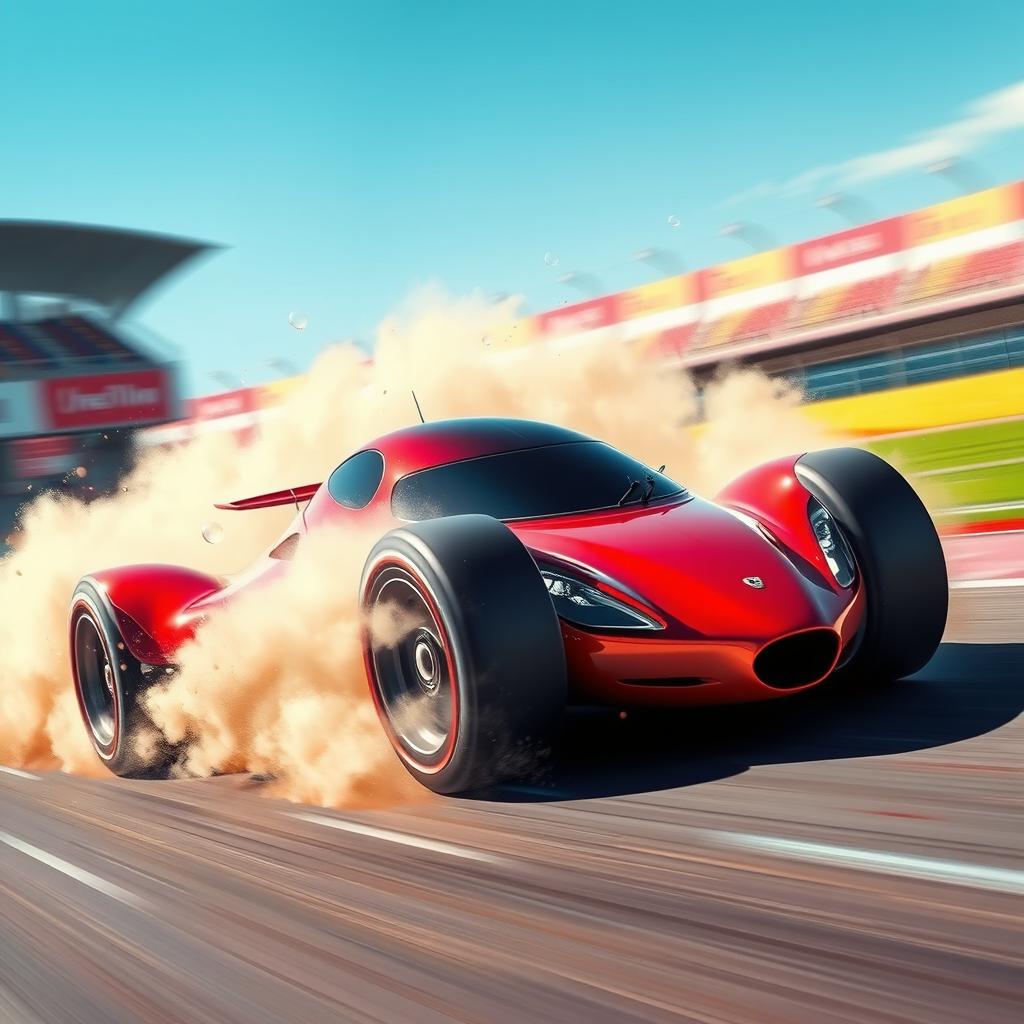 A dynamic scene featuring a red race car named "Raad" with a sleek and stylish design, racing at high speed on a vibrant racing track