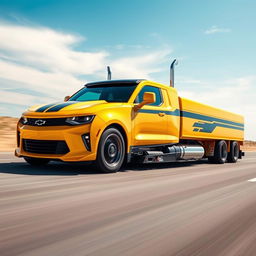 A Chevrolet Camaro transformed into a semi-truck, featuring a sleek, aerodynamic design that merges the classic sporty features of a Camaro with the robust body of a semi-truck