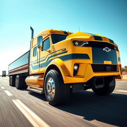 A Chevrolet Camaro transformed into a semi-truck, featuring a sleek, aerodynamic design that merges the classic sporty features of a Camaro with the robust body of a semi-truck