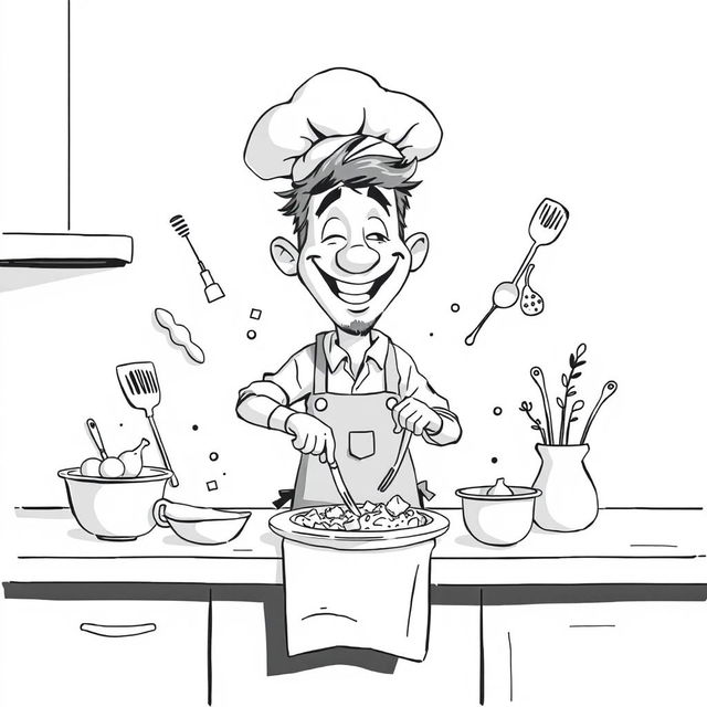 A nonrealistic black and white depiction of a whimsical man cooking in a kitchen