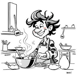 A nonrealistic black and white depiction of a whimsical man cooking in a kitchen