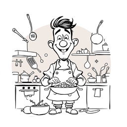 A nonrealistic black and white depiction of a whimsical man cooking in a kitchen