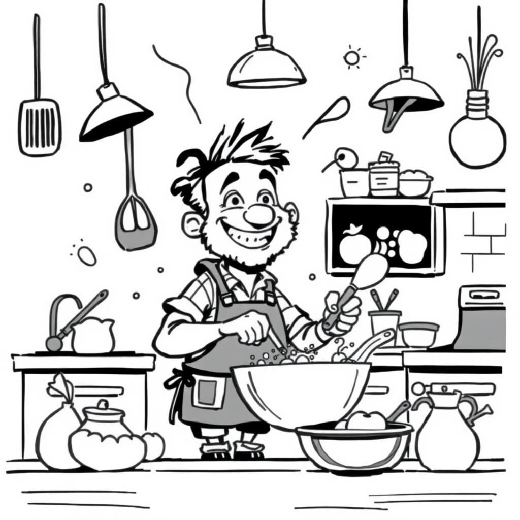 A nonrealistic black and white depiction of a whimsical man cooking in a kitchen