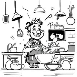 A nonrealistic black and white depiction of a whimsical man cooking in a kitchen