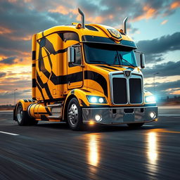 A stunning depiction of a semi-truck transformed into Bumblebee, the iconic character from the Transformers franchise